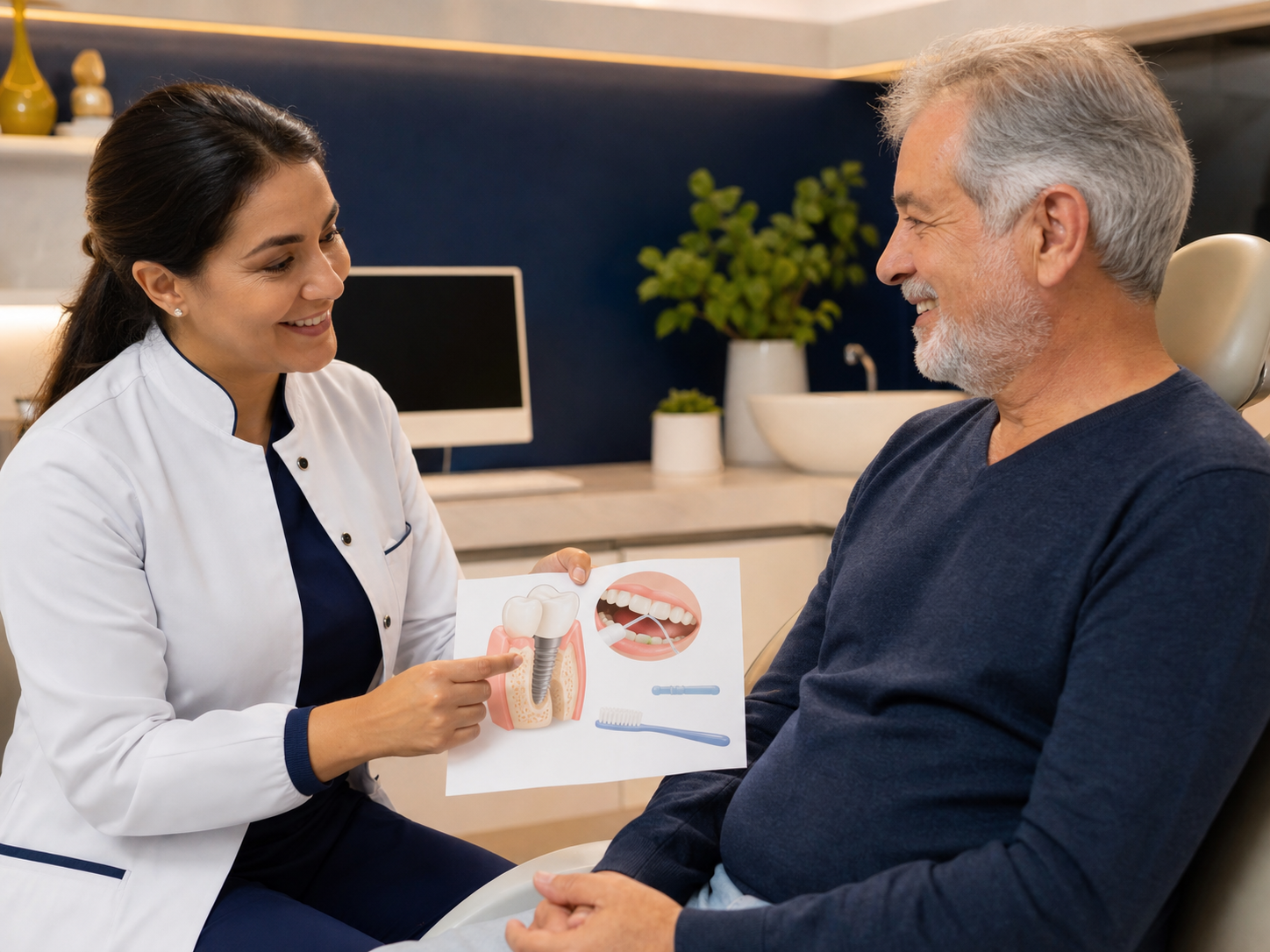 Dentista orientando o paciente durante o acompanhamento
