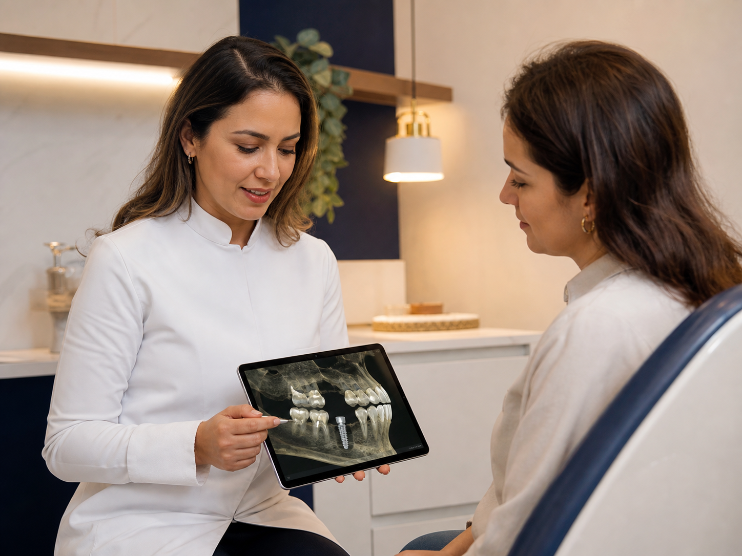 Dentista explicando o planejamento de implante a uma paciente
