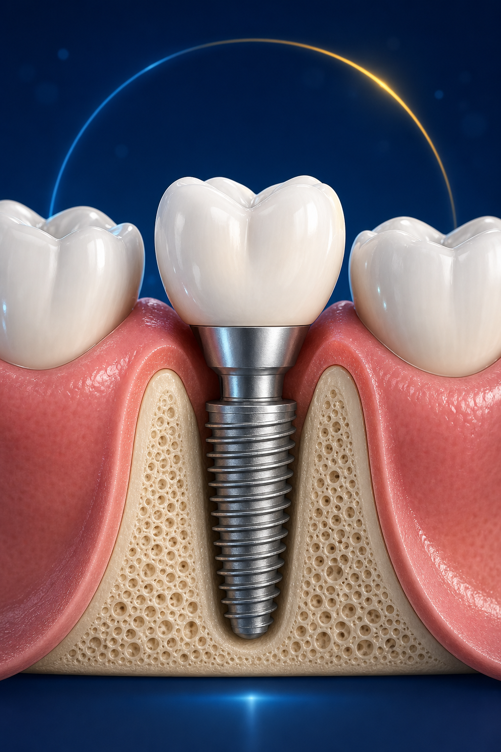 Ilustração de implante dentário mostrando a coroa e o pino de titânio fixado no osso
